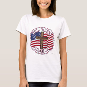 God Bless America and Cross With USA Flag 50 Stars T-Shirt