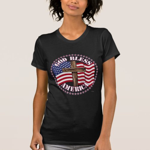 God Bless America and Cross With USA Flag 50 Stars T_Shirt