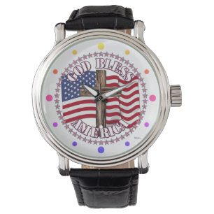 God Bless America and Cross With USA Flag 50 Stars Watch