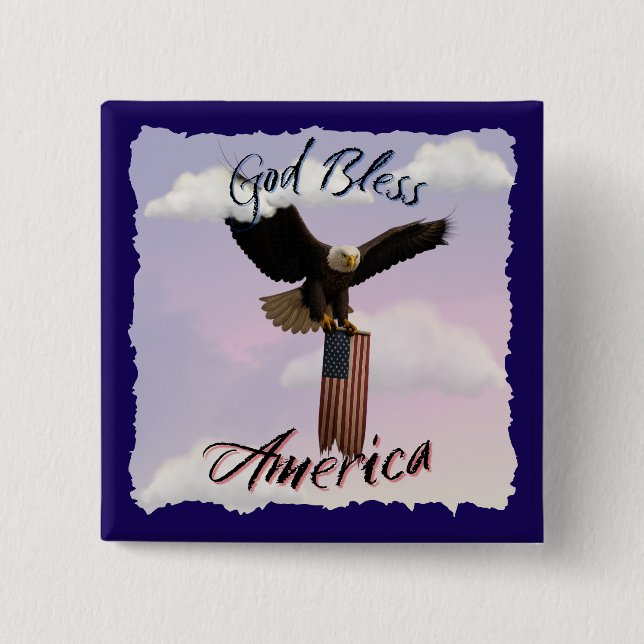 "God Bless America" Bald Eagle in Flight with Flag Button (Front)
