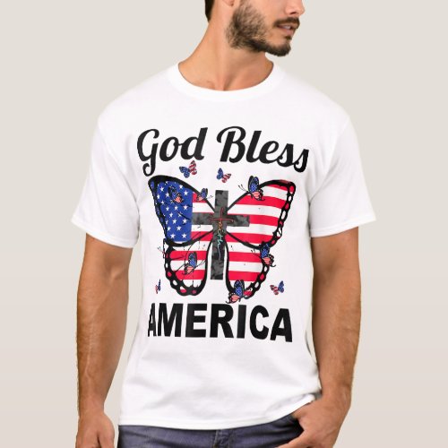 God Bless America Butterflies 4th Of July Jesus Ch T_Shirt