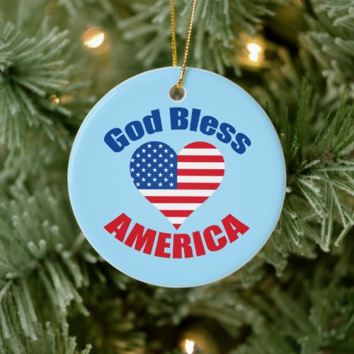 God Bless America Christian American Flag Heart Ceramic Ornament