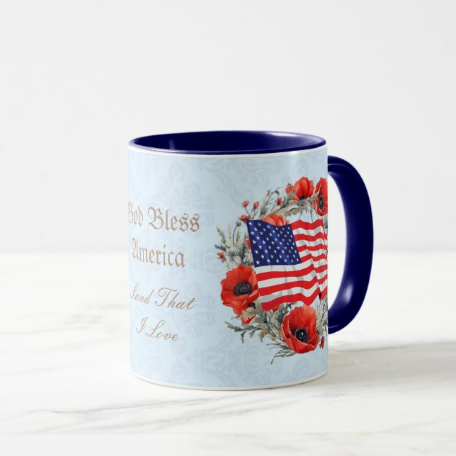 God Bless America Coffee Mug Flag Poppies (Front Right)
