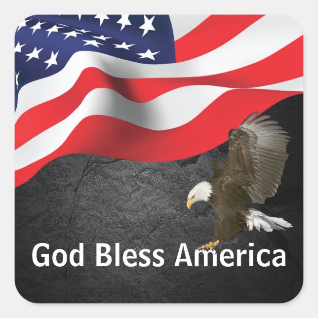 God Bless America Flag and Eagle Square Sticker (Front)