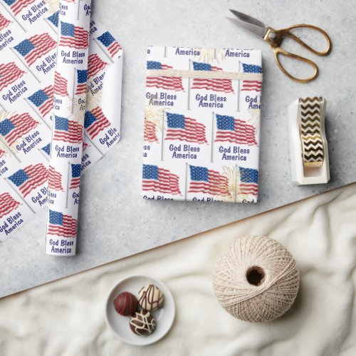 God Bless America Flag and Fireworks Wrapping Paper