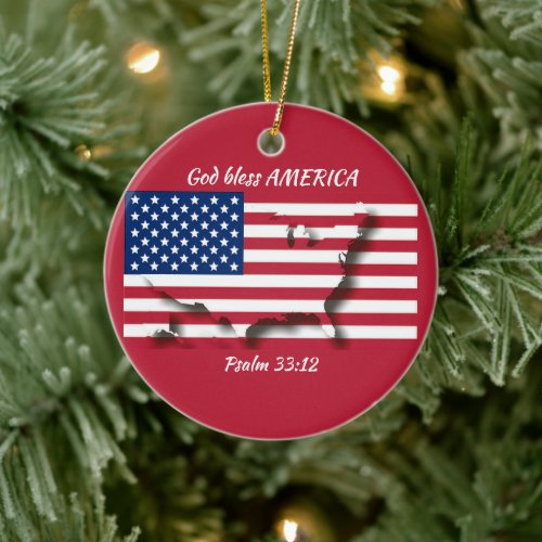 GOD BLESS AMERICA Flag Custom Scripture RED Ceramic Ornament