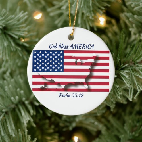 GOD BLESS AMERICA Flag Custom Scripture WHITE Ceramic Ornament