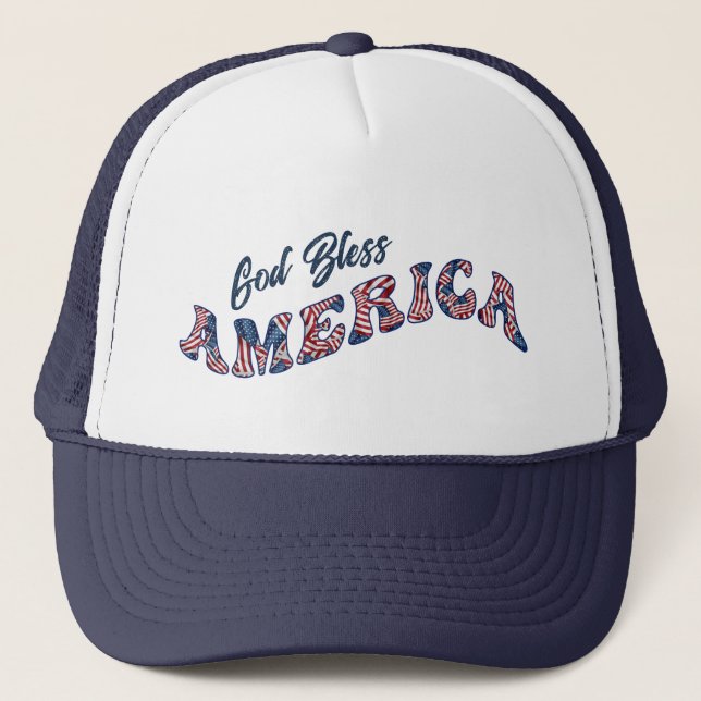 God Bless America Flag Pattern Text Trucker Hat (Front)