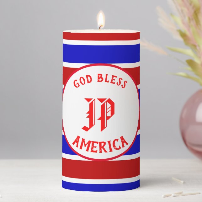 God Bless America Initialed RWB Striped Pillar Candle (In Situ)