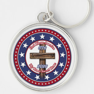 God Bless America My Home Sweet Home Rugged Cross Keychain