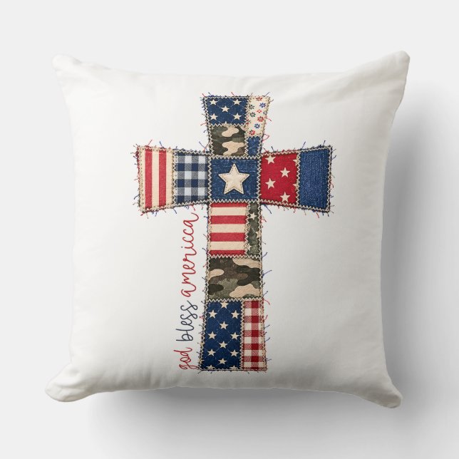God Bless America Patchwork Cross Throw Pillow (Front)