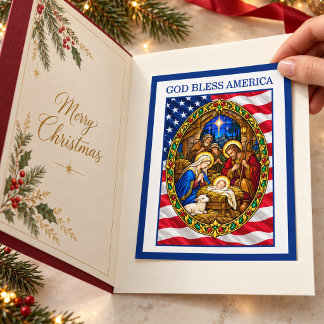 God Bless America Patriotic Christmas Nativity Holiday Postcard