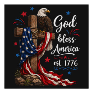 God Bless America Patriotic Cross Poster