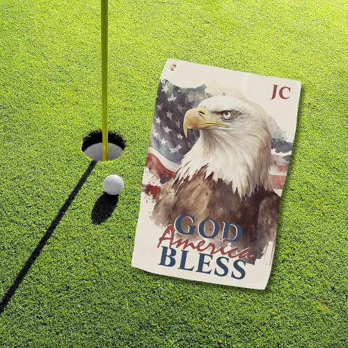 God Bless America Patriotic Eagle Custom Initials Golf Towel