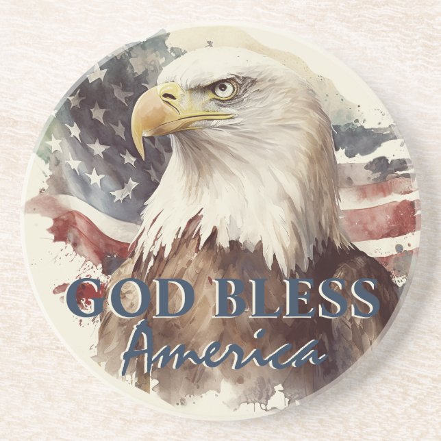 God Bless America Patriotic Eagle Watercolor Coaster (Front)