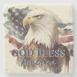 God Bless America Patriotic Eagle Watercolor Stone Coaster