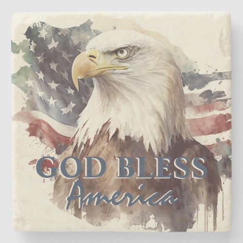 God Bless America Patriotic Eagle Watercolor Stone Coaster