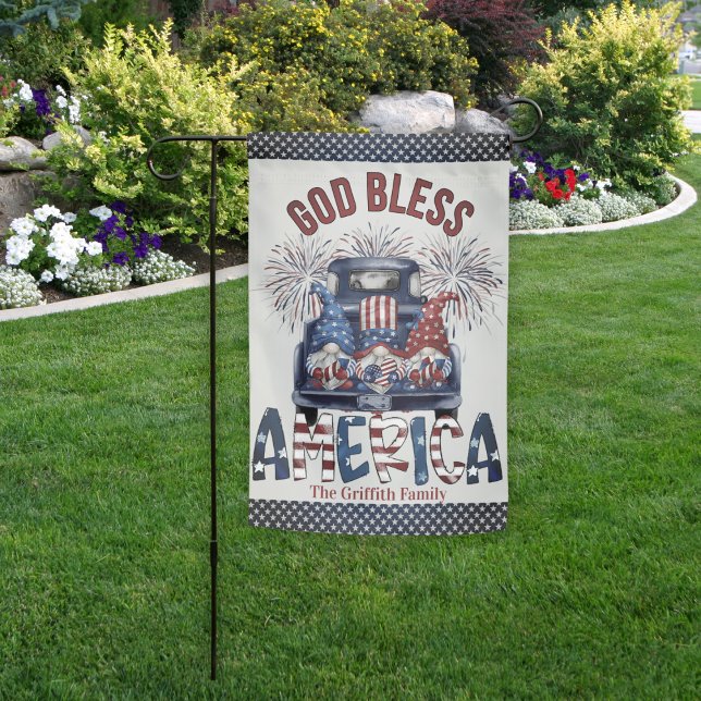 God Bless America Patriotic Gnomes Custom Garden Flag (God Bless America Patriotic Gnomes Personalized Family Name Garden Flag)