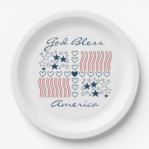 God Bless America Patriotic Stars Stripes Hearts Paper Plates