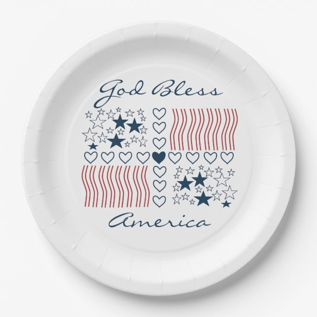 God Bless America Patriotic Stars Stripes Hearts Paper Plates (Front)