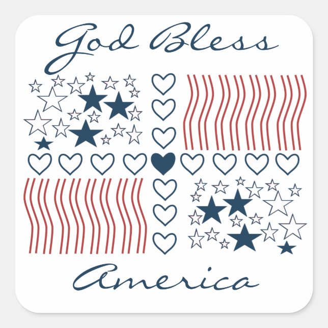 God Bless America Patriotic Stars Stripes Hearts  Square Sticker (Front)