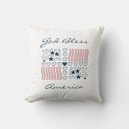 God Bless America Patriotic Stars Stripes Hearts Throw Pillow