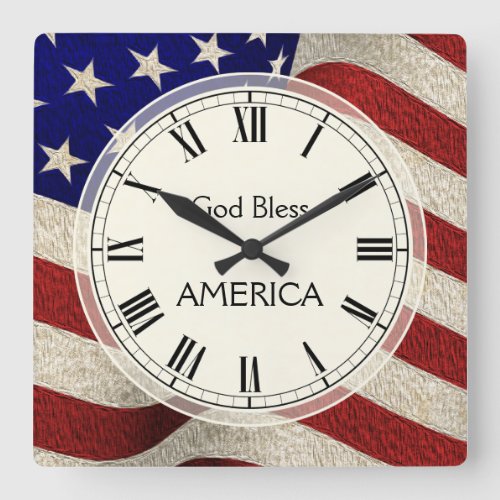 God Bless America Patriotic Vintage Flag Square Wall Clock