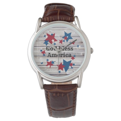 God Bless America Rustic Red White Blue Stars Watch