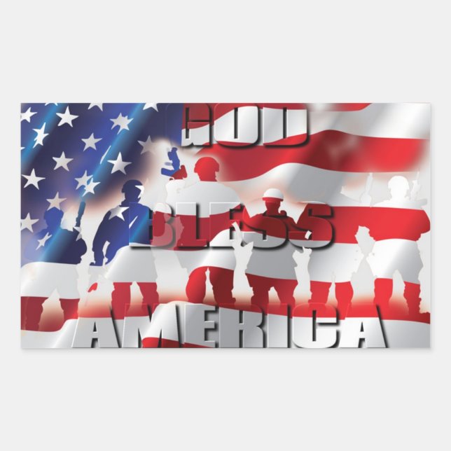 God Bless America Soldiers and the Flag Patriotic Rectangular Sticker (Front)