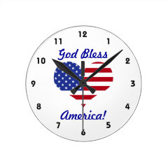 God Bless America!-U.S. Heart Shaped Flag Round Clock