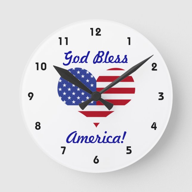 God Bless America!-U.S. Heart Shaped Flag Round Clock (Front)