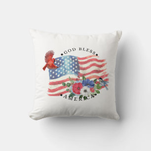 God Bless America Watercolor Flag/Flowers/Birds 3 Throw Pillow