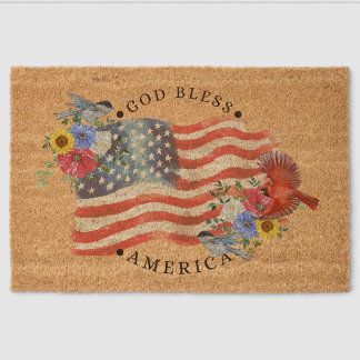God Bless America Watercolor Flag/Flowers/Birds II Fiber Doormat