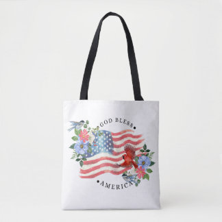 God Bless America Watercolor Flag/Flowers/Birds II Tote Bag