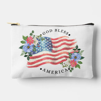 God Bless America Watercolor Flag/Flowers II Accessory Pouch