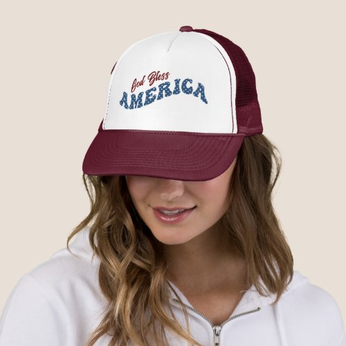 God Bless America White Stars Pattern Text Trucker Hat