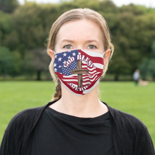 God Bless America With Cross And Flag American Fla Adult Cloth Face Mask