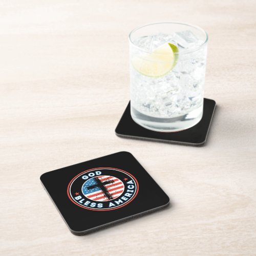 God Bless America with Flag and Cross Beverage Coaster