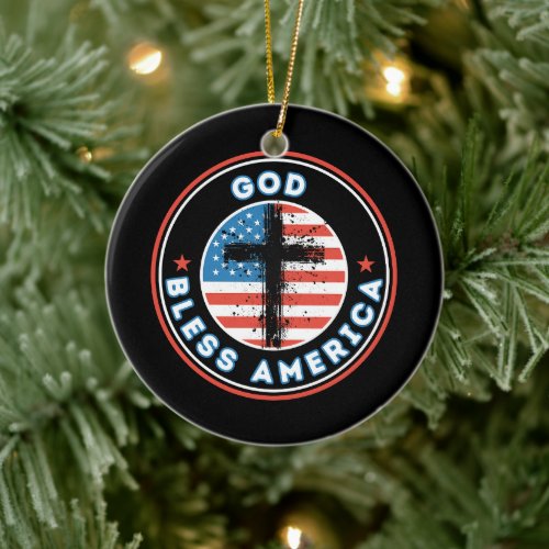 God Bless America with Flag and Cross Ceramic Ornament