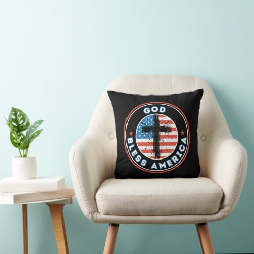 God Bless America with Flag and Cross Throw Pillow