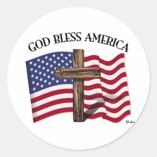 GOD BLESS AMERICA with rugged cross & US flag Classic Round Sticker