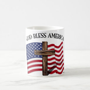 GOD BLESS AMERICA with rugged cross & US flag Coffee Mug