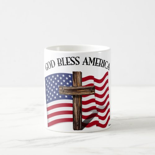 GOD BLESS AMERICA with rugged cross  US flag Coffee Mug