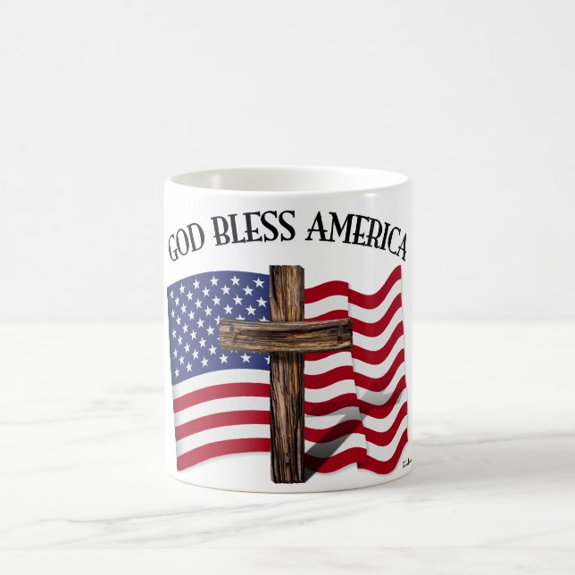 GOD BLESS AMERICA with rugged cross & US flag Coffee Mug (Center)