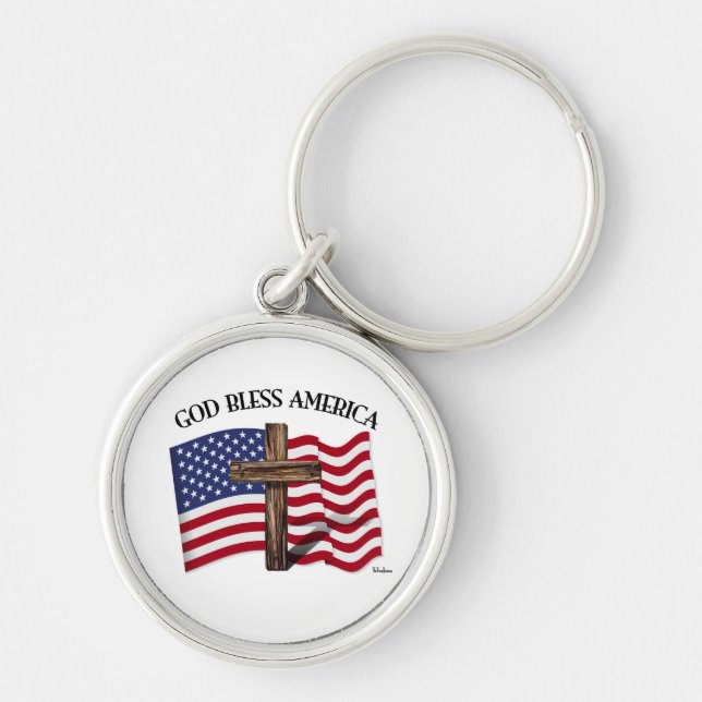 GOD BLESS AMERICA with rugged cross & US flag Keychain (Front)