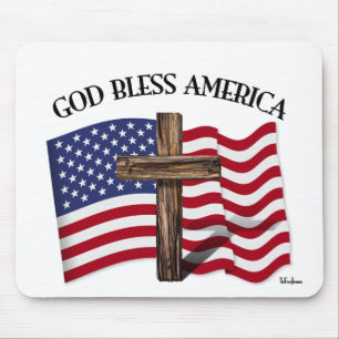 GOD BLESS AMERICA with rugged cross & US flag Mouse Pad