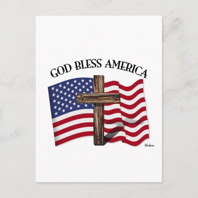 GOD BLESS AMERICA with rugged cross & US flag Postcard (Front)