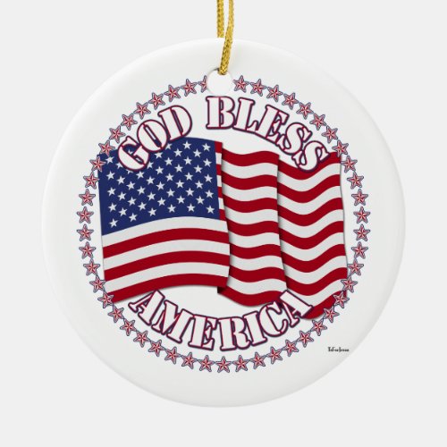 God Bless America With USA Flag And 50 Stars Ceramic Ornament