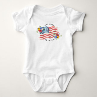 God Bless America With Watercolor Flag/Flowers II Baby Bodysuit