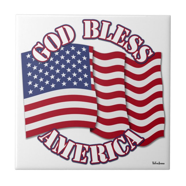 God Bless American with USA Flag Ceramic Tile (Front)